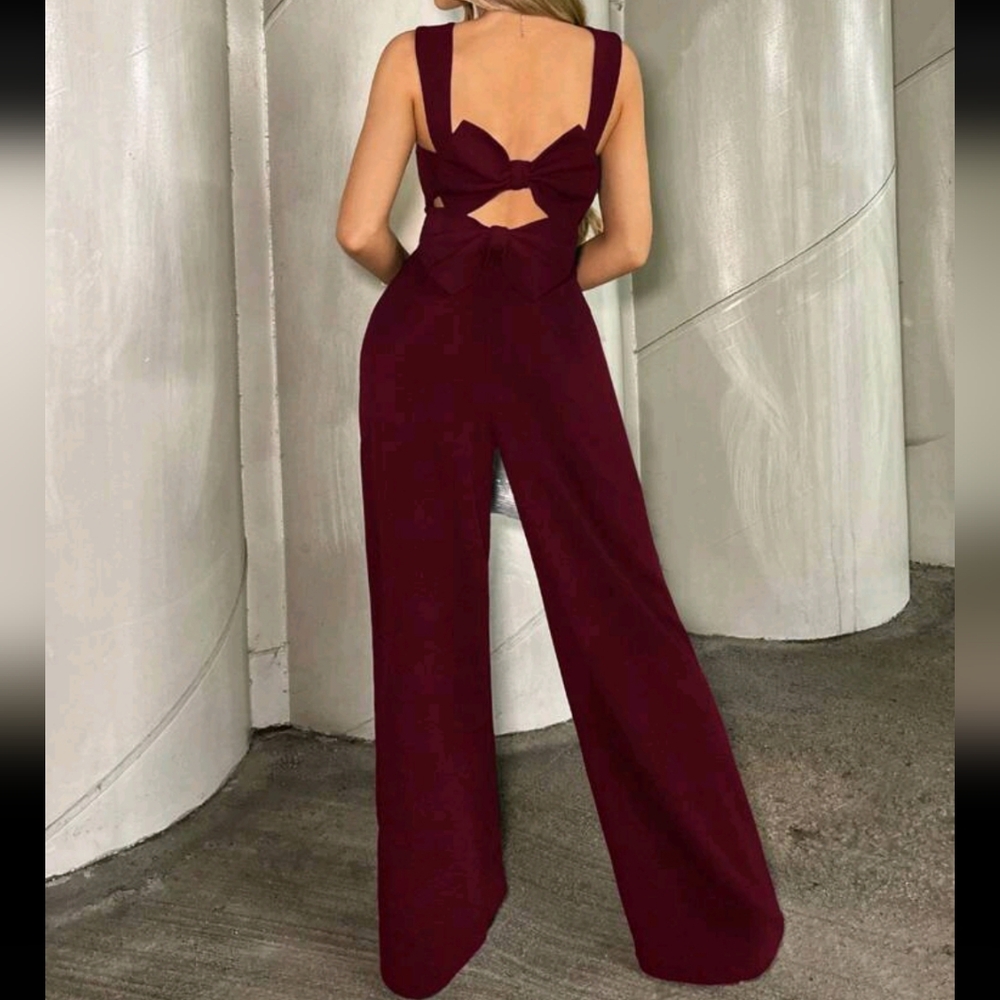 Women's Backless Bow-Tie Jumpsuit, Long Leg Sleeveless Romper - Picture 2 of 4